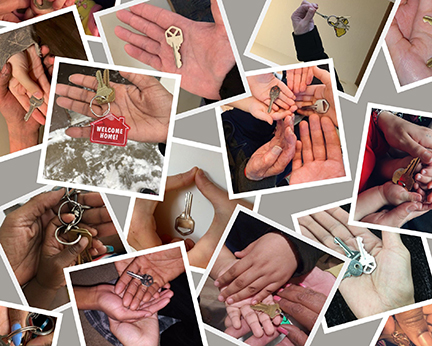 Collage of hands holding house keys. Image includes families housed by Dakota CountySocial Services.