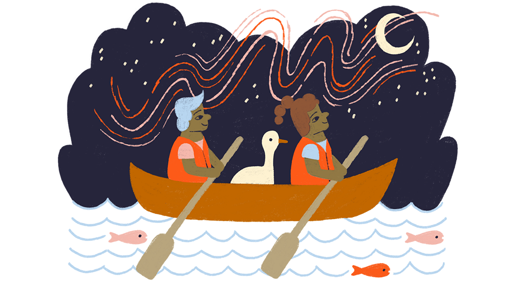 An illustration of teens in a canoe with a duck under a night sky.