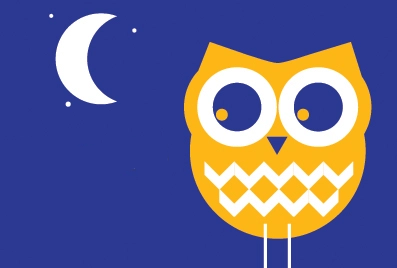 Illustration of an owl and a crescent moon.