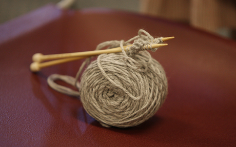 Knitting materials on a table.