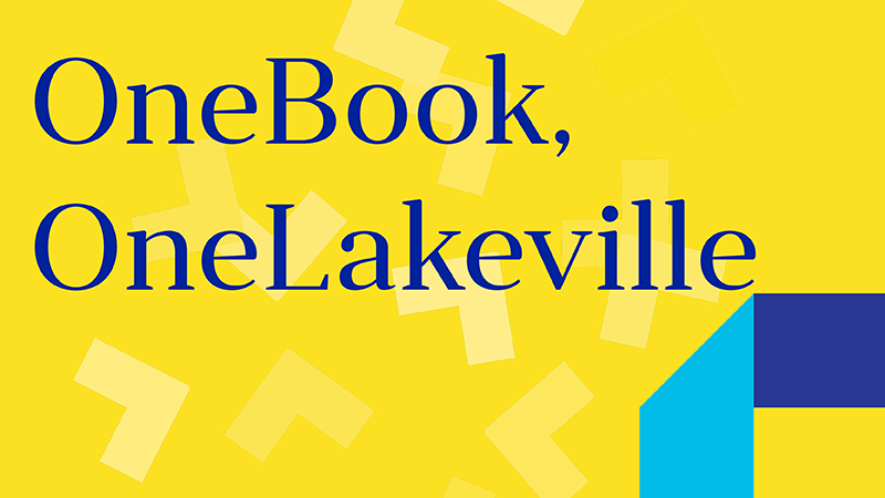 One Book, One Lakeville on a yellow background with the DCL blue logo in the corner.