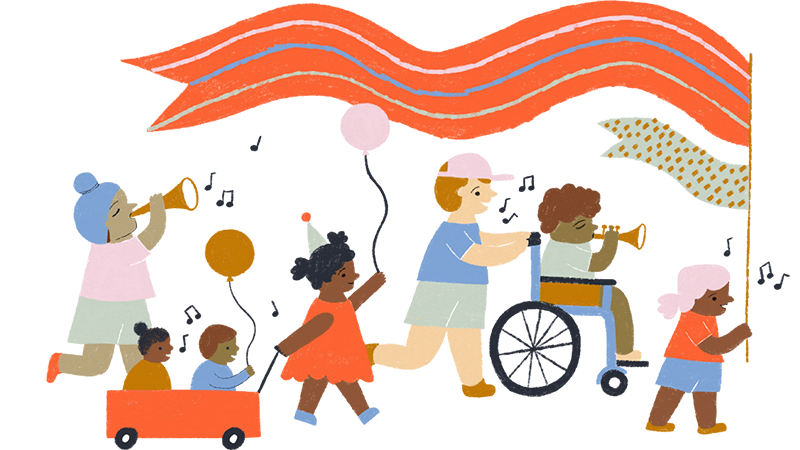 Summer Discovery graphic of kids playing musical instruments.
