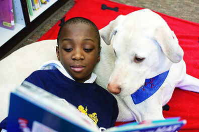 Child laying against a therapy dog, reading a book.