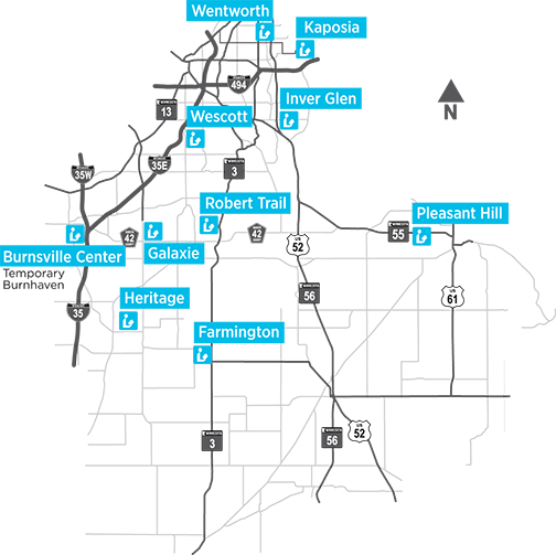 Map of Dakota County Library location, including temporary Burnhaven Library location.