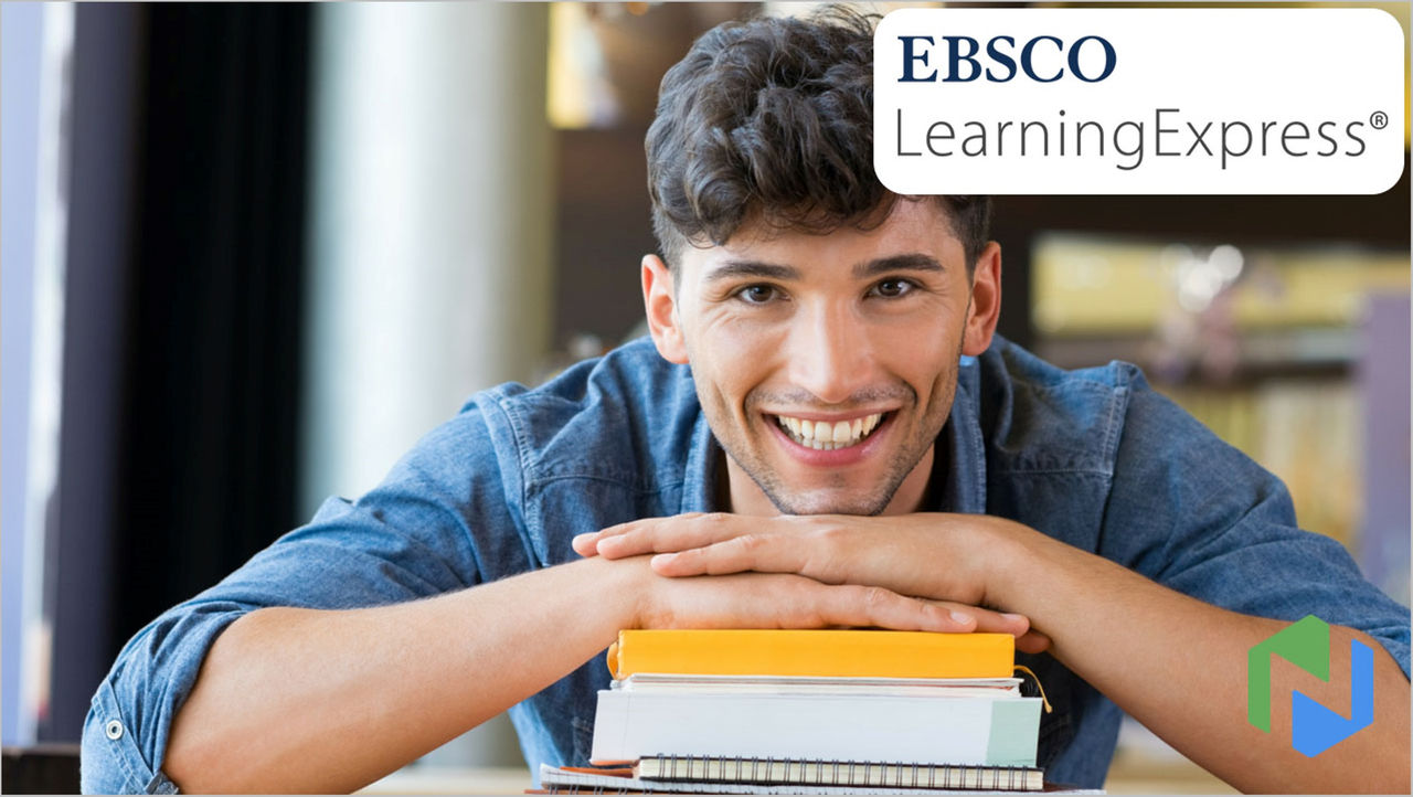 Young man resting hands on a stack of books with EBSCO LearningExpress logo