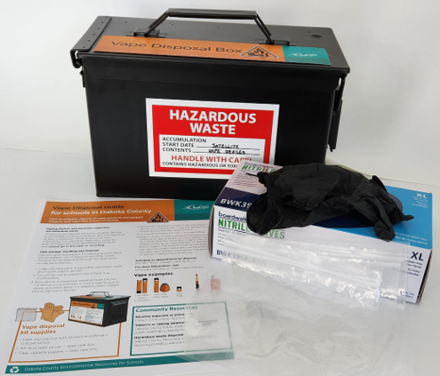 A vape disposal kit box, handout and gloves.