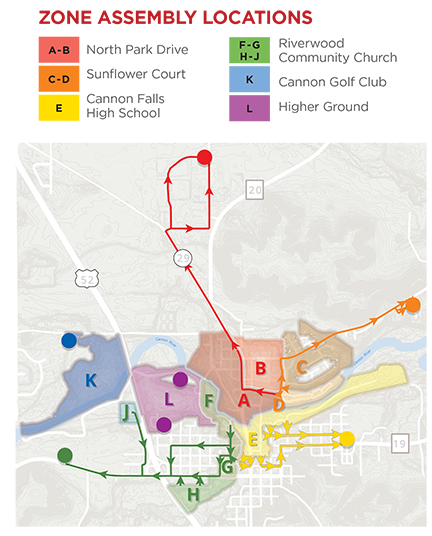 Map of Dam Evacuation Plan showing the different zones and the route they should take. 
