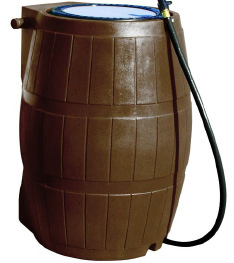 Closeup of a rain barrel.