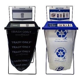 A black foldable x-frame container for trash and a blue foldable x-frame container for recycling.