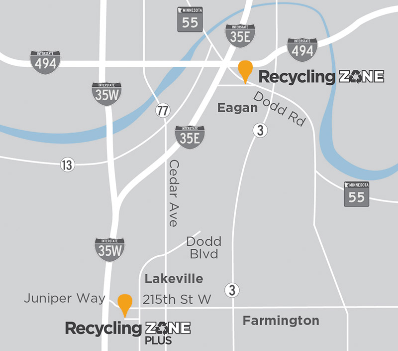 Map of the existing Recycling Zone in Eagan and the new location in Lakeville coming in 2027.