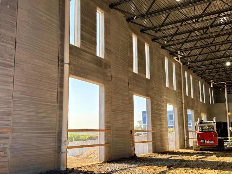 A picture of cement walls with open holes for windows and doors
