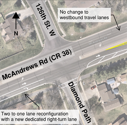 Aerial view of McAndrews Road and Diamond Path intersection, highlighting the no change to westbound lanes and two- to one-lane reconfiguration.
