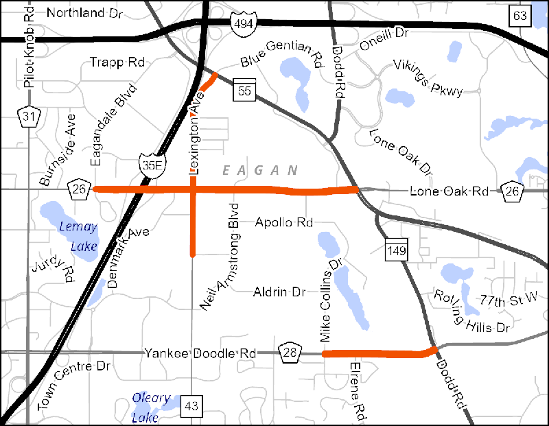 Eagan Twin-Trailers route map.