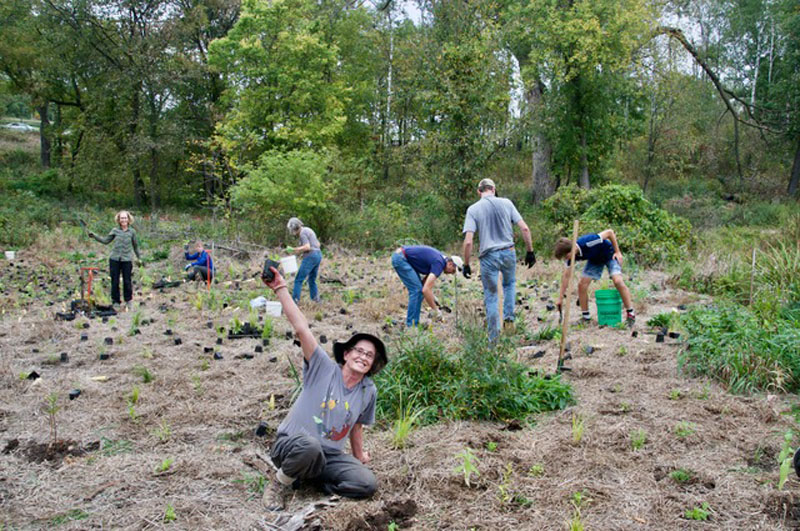 Group of people at a volunteer planting event.