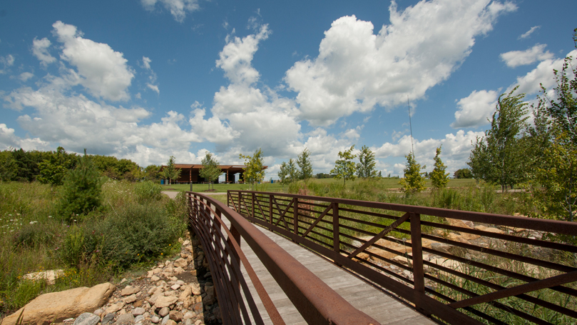 Bridge going over a rocky river bed