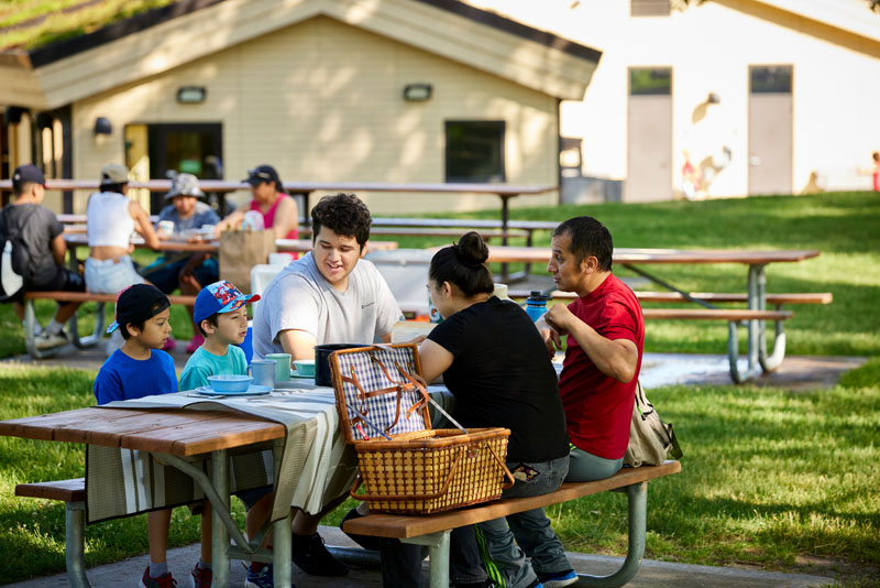 A group of people sitting at a picnic table.