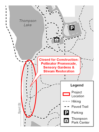 Project map showing the promenade south of Thompson Lake., including trail closure.